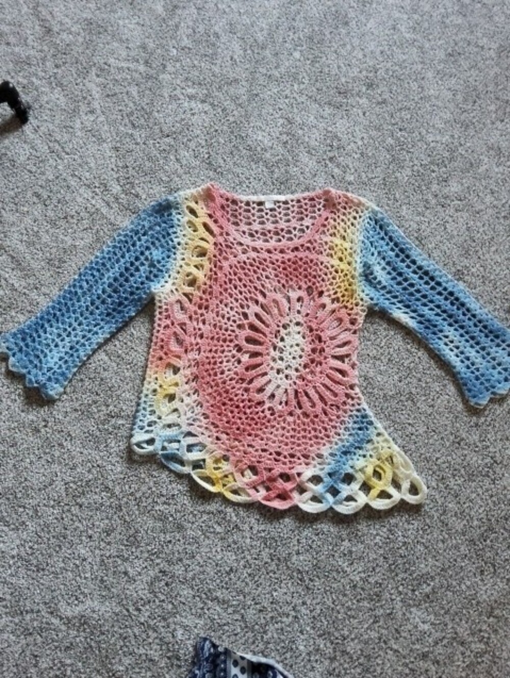 Boston Proper Open-Knit Gradient Crochet Sweater in Pink, Blue, Cream